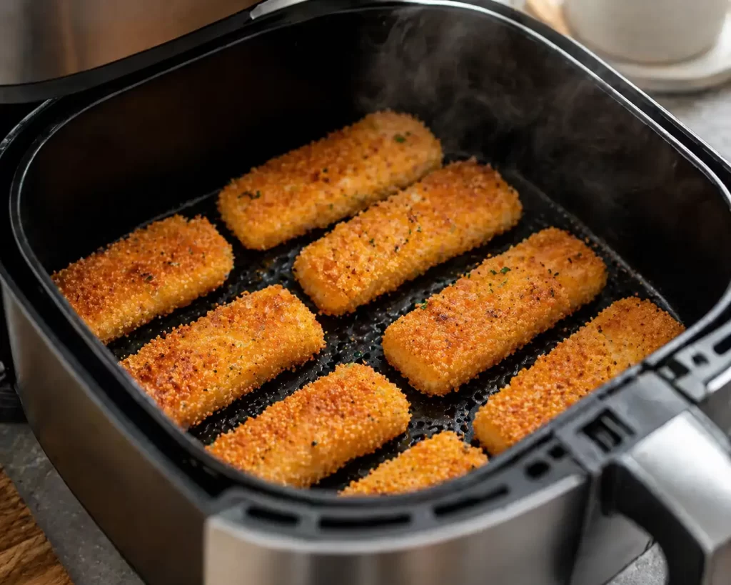 Fish sticks cooking in an air fryer with a crispy golden coating