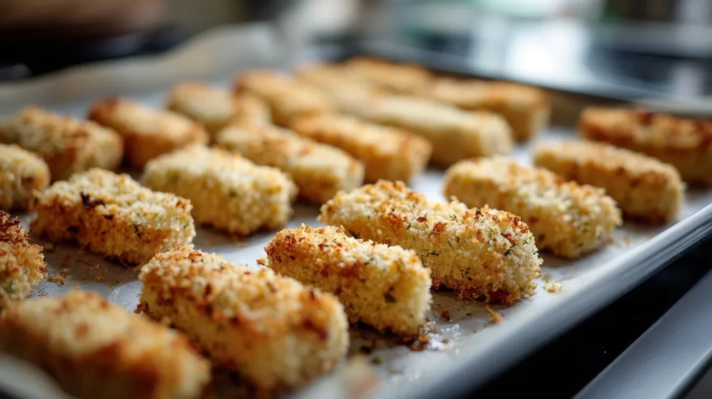 Baked fish sticks recipe on a sheet pan with crispy golden panko coating