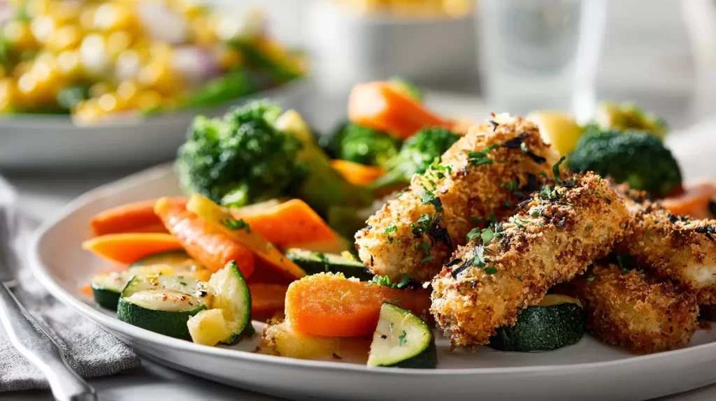 Fish sticks recipe served with roasted vegetables including broccoli, carrots, and zucchini