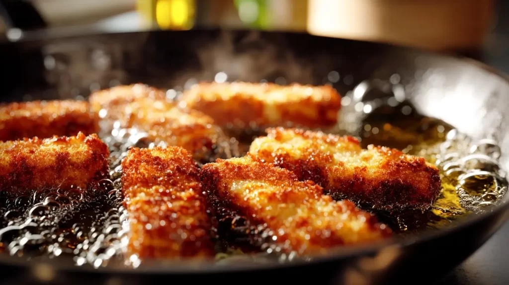 Fish sticks frying in a skillet with hot oil and crispy golden coating