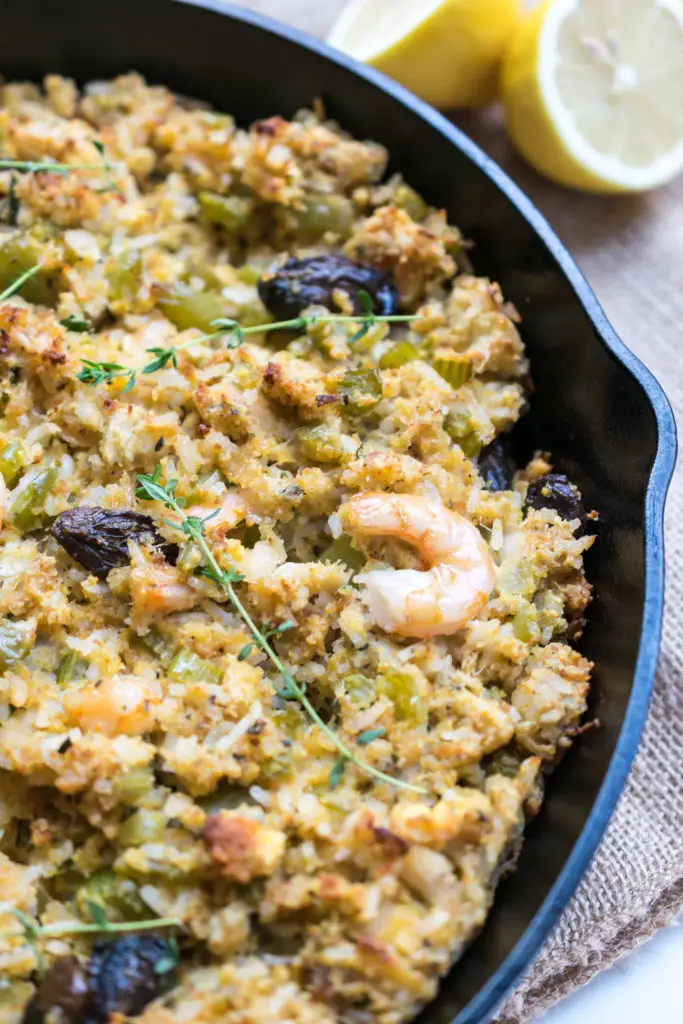 Seafood stuffing with shrimp and herbs, a comforting southern fall seafood recipe.