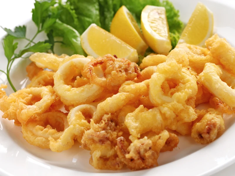 frying seafood results in a delicious platter of fried calamari as pictured here.