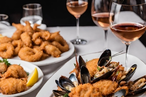 Plates of stuffed mussels and fried shrimp on a table with glasses of rosé wine for the article titled, "The Best Wine to Drink with Seafood."