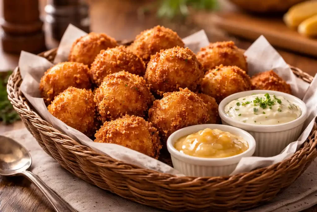 hushpuppies in a basket after learning how to make light and fluffy hush puppies