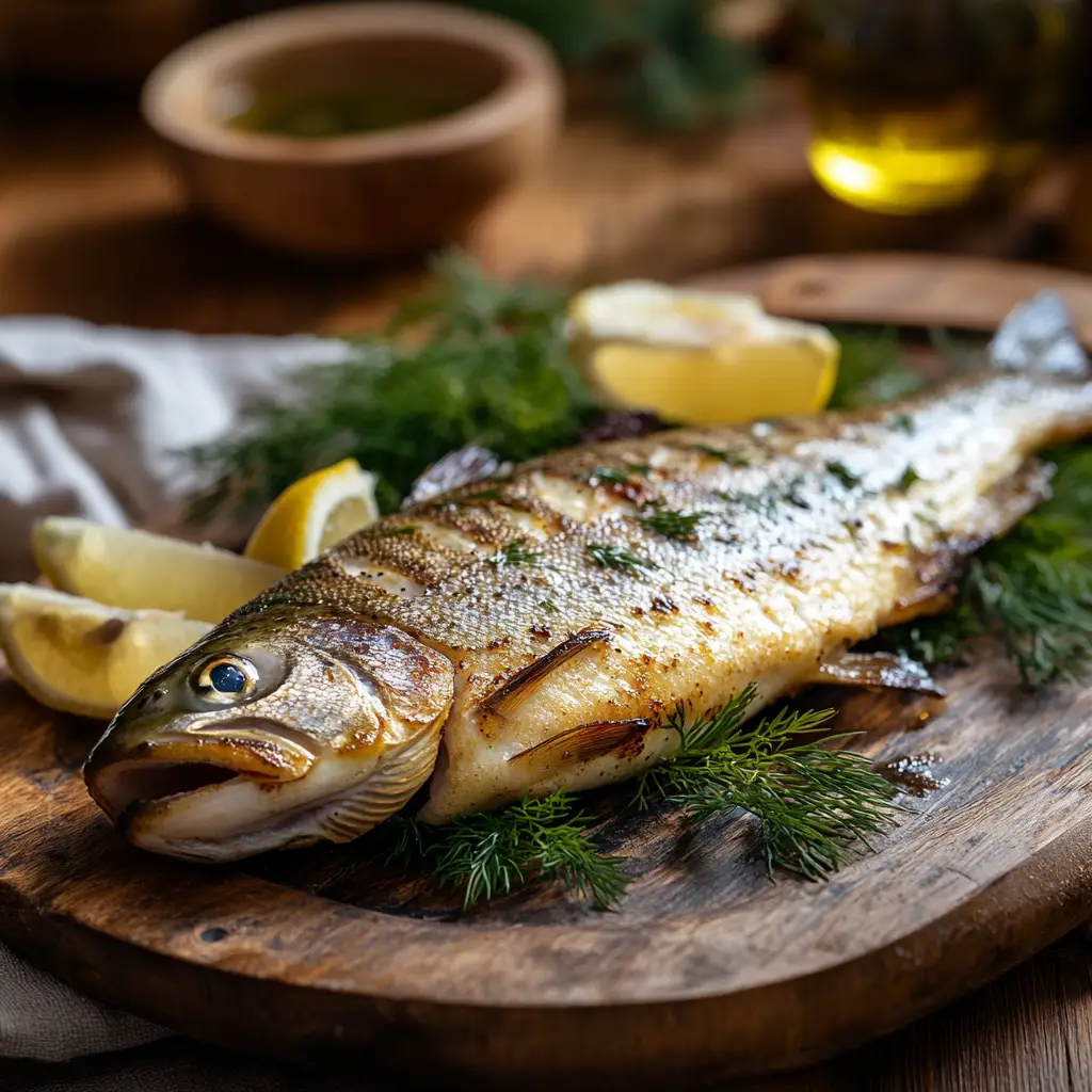 Skin-on cooked trout with fennel and lemon wedges. 