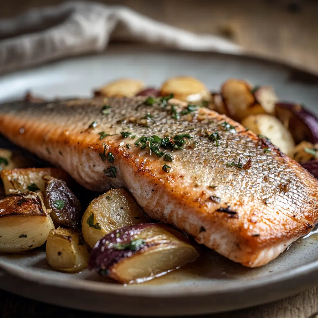 A seared filet of trout with roasted potatoes on a plate. 