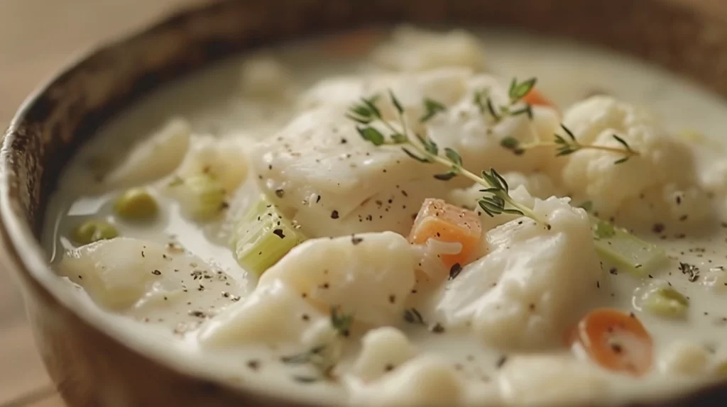 A bowl of fish chowder with sprigs of thyme. 