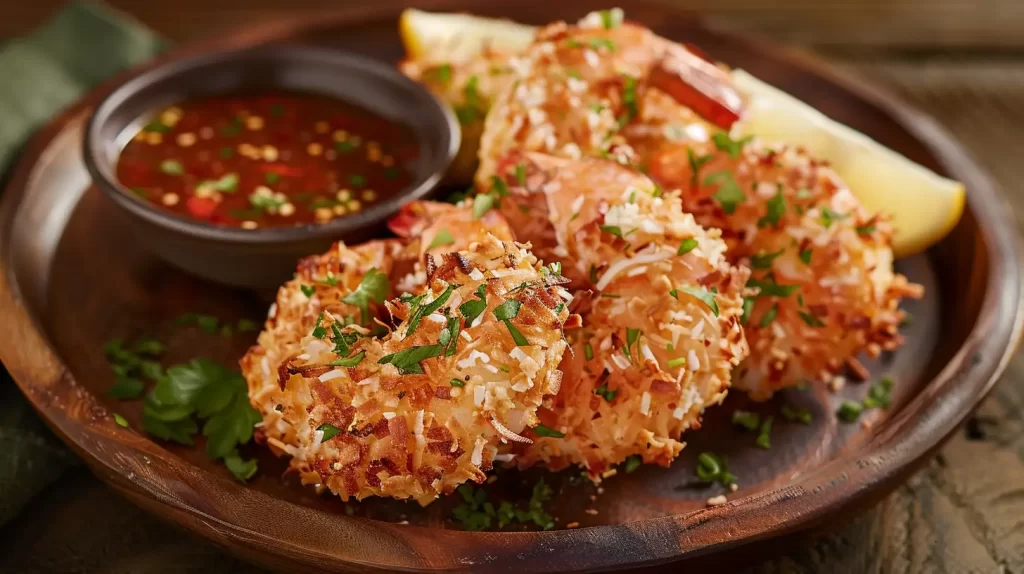 A plate of 3 coconut shrimp with parsley and dipping sauce. 