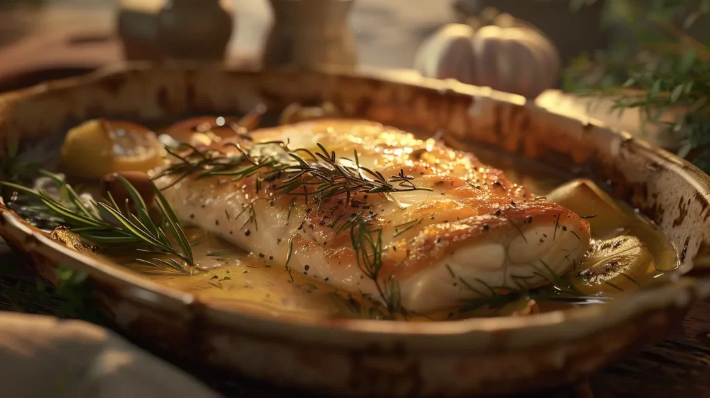 A pan seared filet of cod with rosemary. 