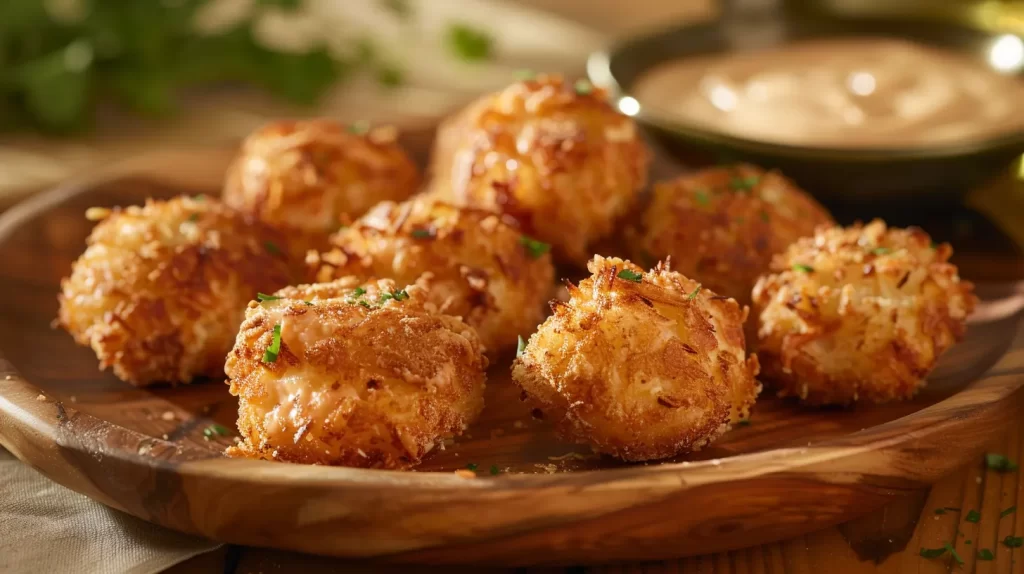Fried breaded tuna on a wooden serving platter. 