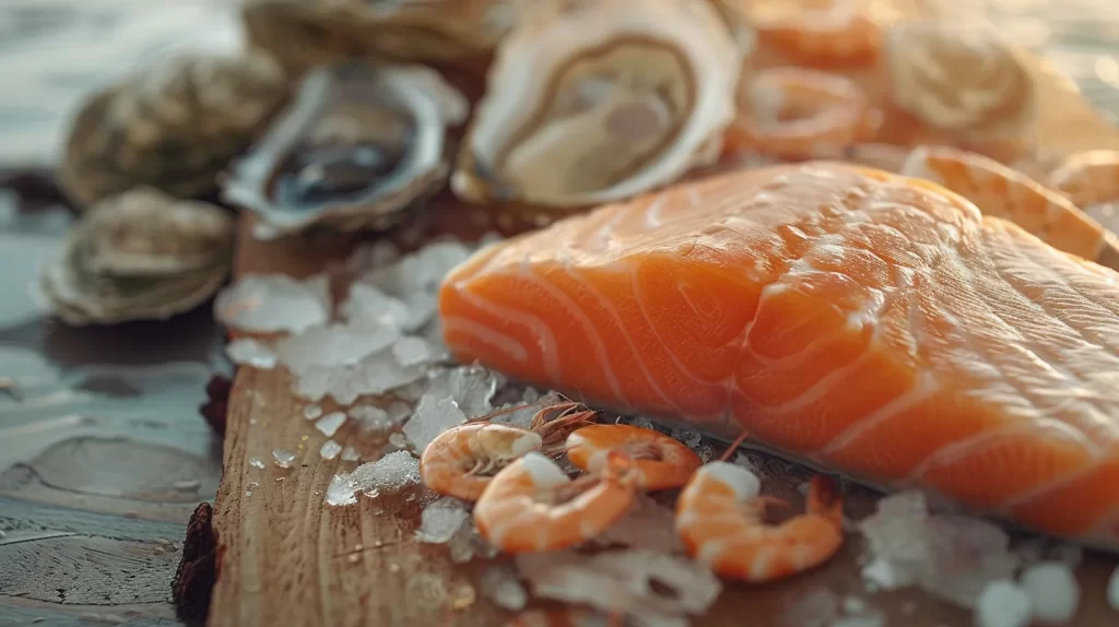A raw salmon filet and shrimp in their shells. 