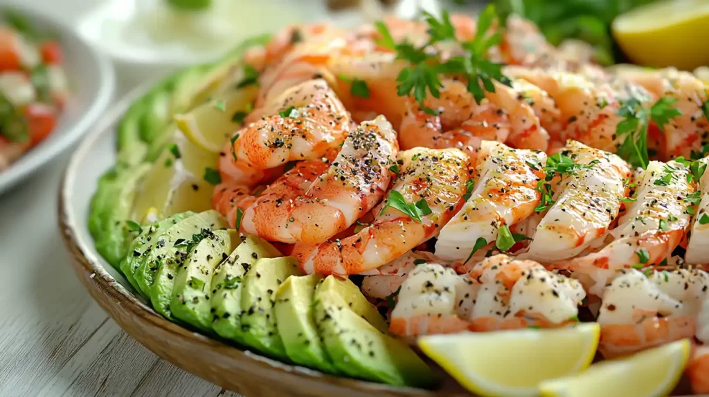 A platter of cocktail shrimp, sliced avocado, and lemon wedges. 