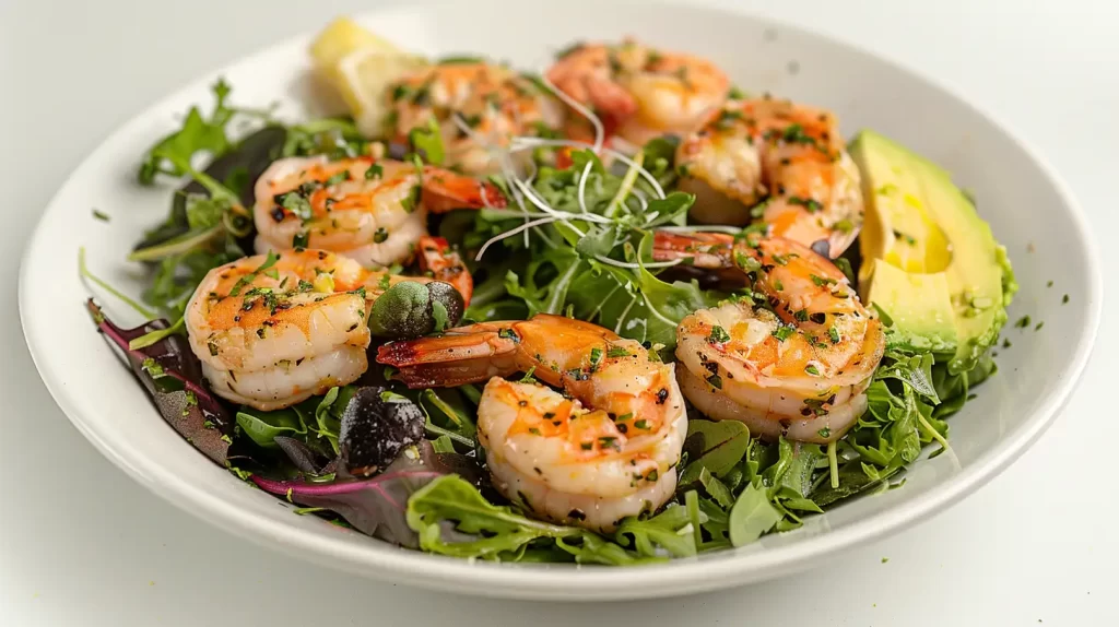 Cooked shell-on shrimp on a plate of arugula. 