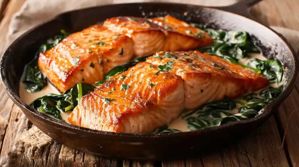 Two pan seared salmon filets in a cast iron skillet with sautéed greens. 