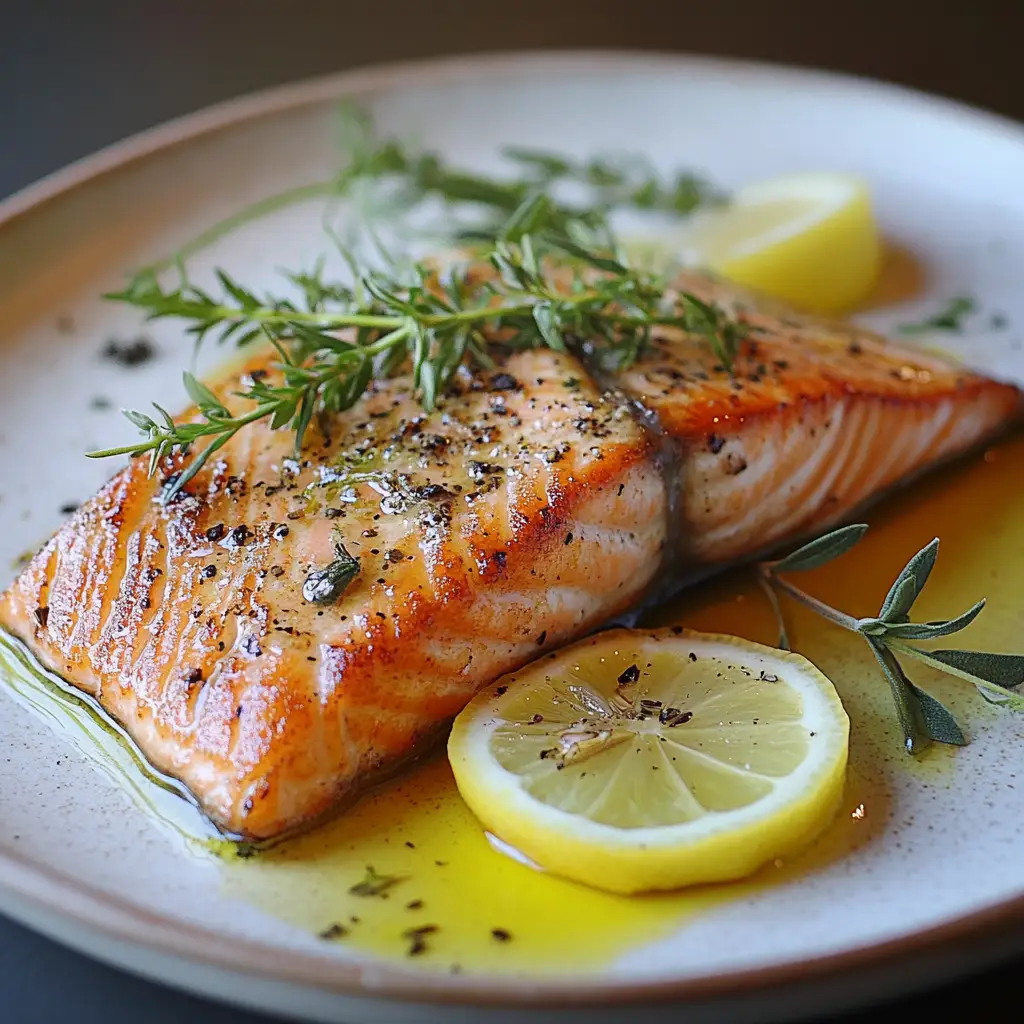 A cooked salmon filet with a lemon wedge and olive oil. 