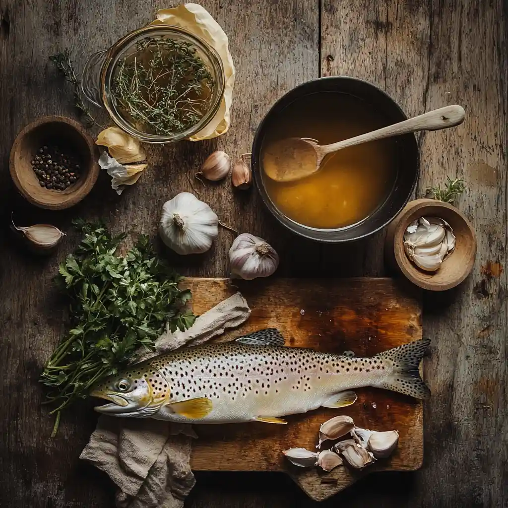 An undressed fish on a butcher block with garlic, parsley, thyme, and basting sauce. 