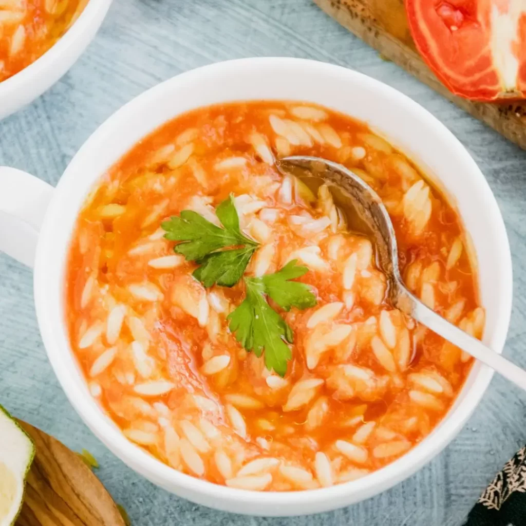 a bowl of tomato based orzo